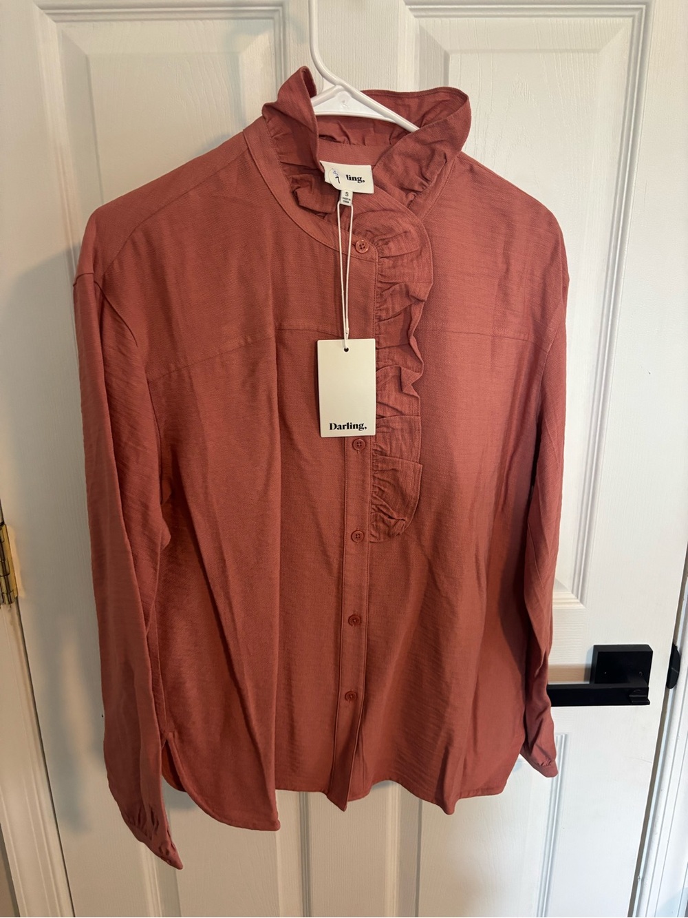Darling Rust Ruffle-Front Long Sleeve Shirt